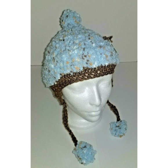 Toddler Child Lt Blue Brown Handmade Knitted Crochet Pom Pom Earflap Bomber Hat - Picture 5 of 9